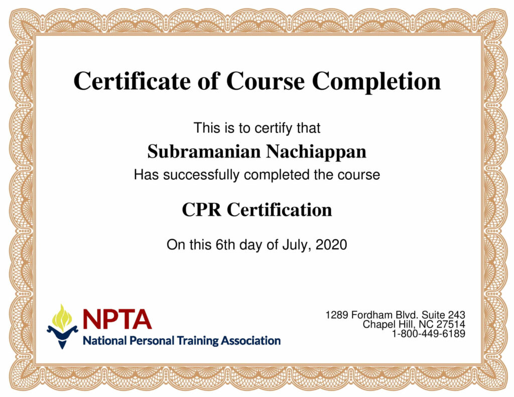 Certificate of Course Completion - Subra Yoga - Subramanian Nachiappan - Stress Management Certification