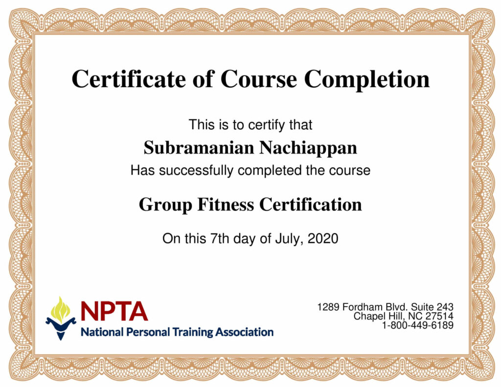 Certificate of Course Completion - Subra Yoga - Subramanian Nachiappan - Stress Management Certification