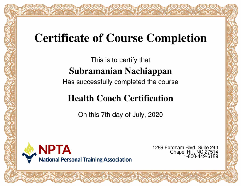 Certificate of Course Completion - Subra Yoga - Subramanian Nachiappan - Stress Management Certification