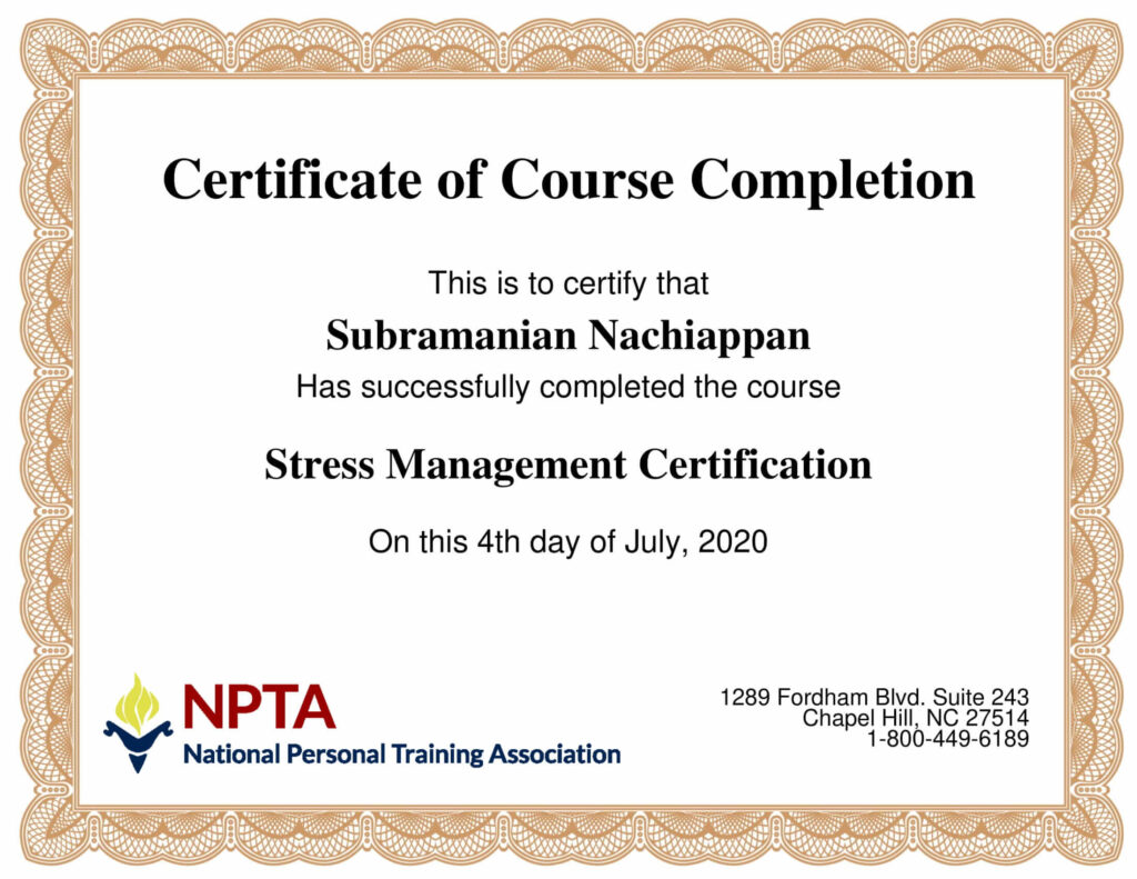 Certificate of Course Completion - Subra Yoga - Subramanian Nachiappan - Stress Management Certification